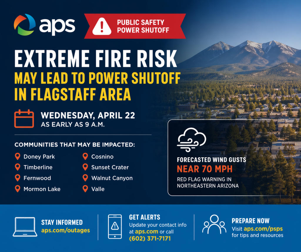 BREAKING: APS May Shut Off Power in Parts of Flagstaff Area Wednesday Due to Extreme Fire Risk