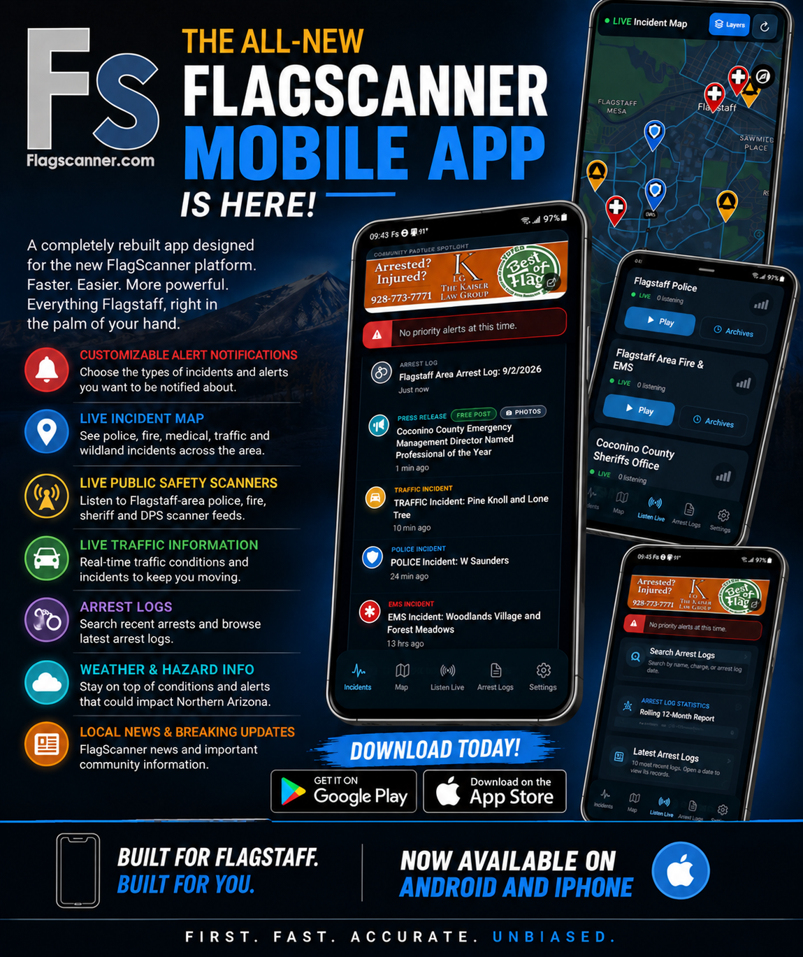 The FlagScanner mobile app for Android and iPhone showing incident alerts, a live incident map, scanner feeds and arrest logs